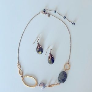 Alexis Bittar Gold Necklace/Earrings with Faux Pearl Disk and Gray/Green Stone